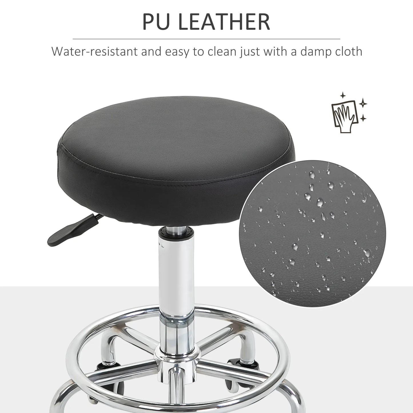 Height Adjustable Swivel Rolling Stool | PU Leather Office Chair Seat | Lumu UK