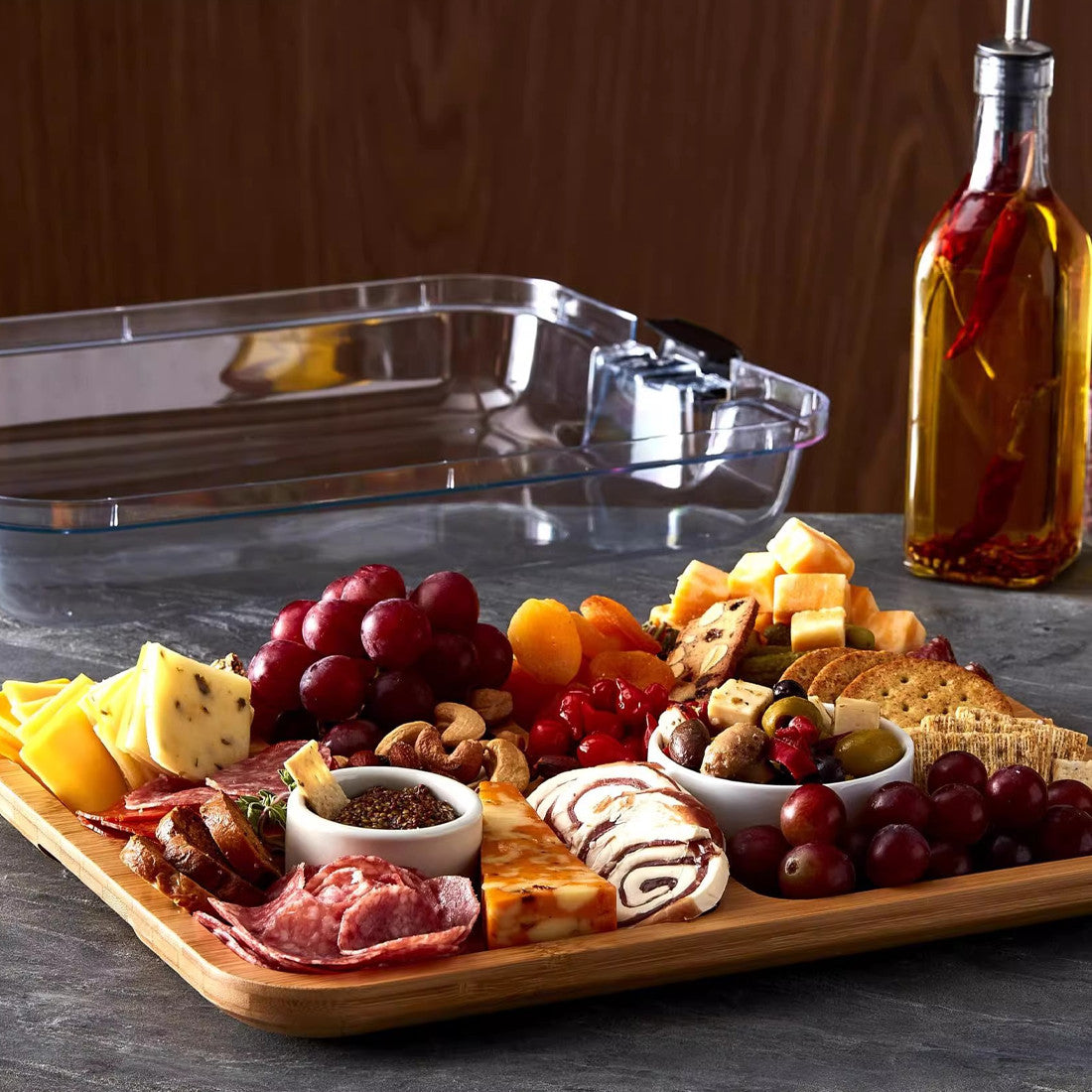 Bamboo Cheese Tray Dessert Tray Fruit Plate With Acrylic Transparent Lid