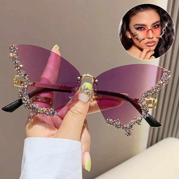 Diamond Butterfly Sunglasses Women | Y2K Vintage Rimless Oversized Eyewear Shades | Lumu UK