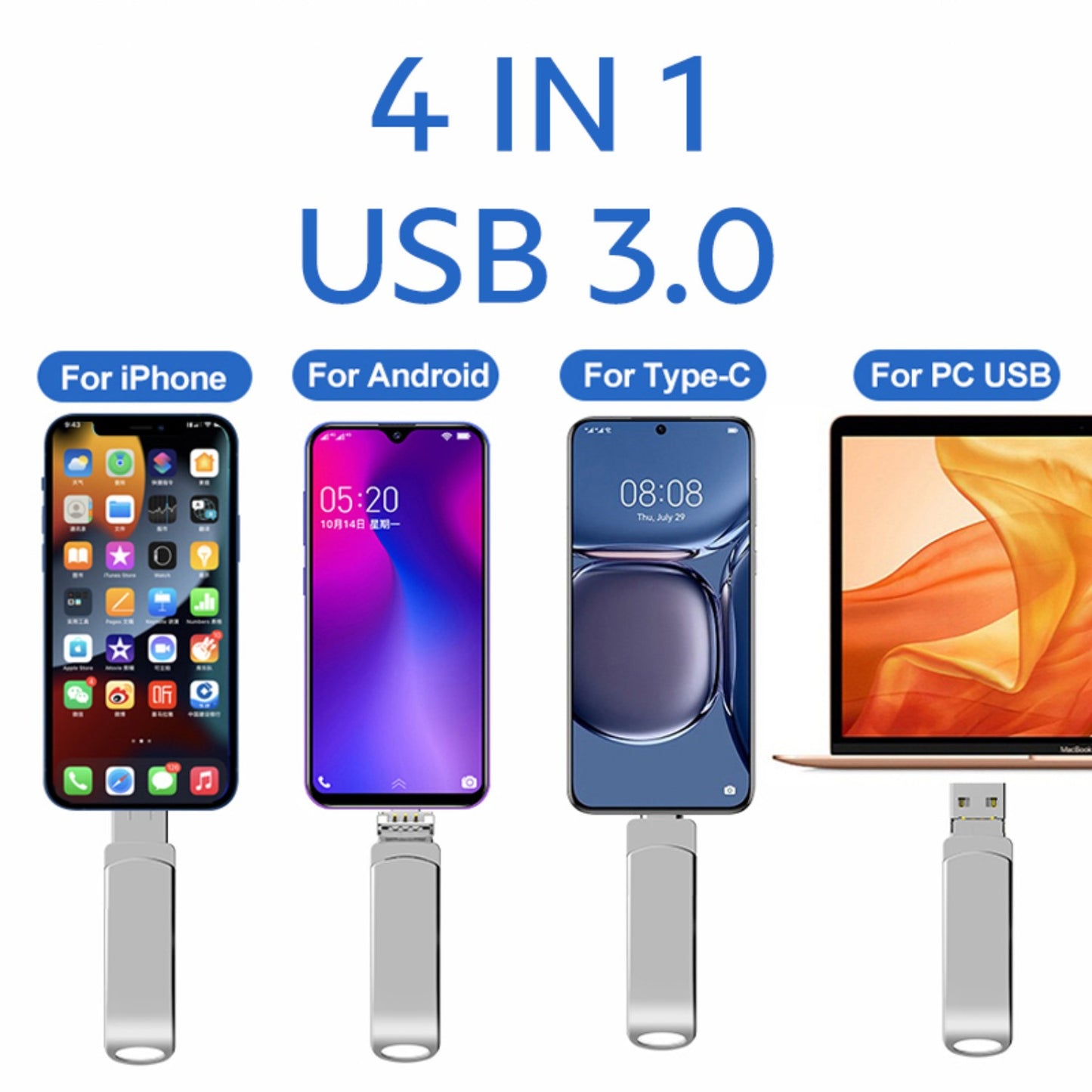 4 In 1 2TB USB 3.0  Drive Memory Stick For 13 14 15 16 Pro Max IPad