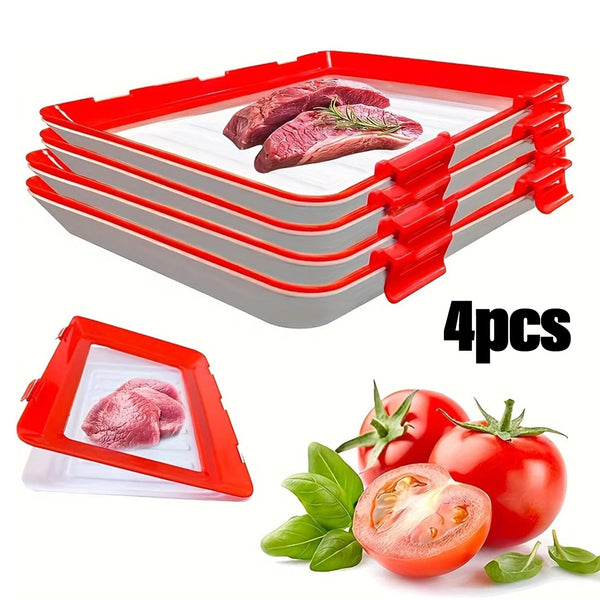 4Pc Stretch Fresh Storage Tray Vacuum Reusable And Stackable Food Storage Tray UK New