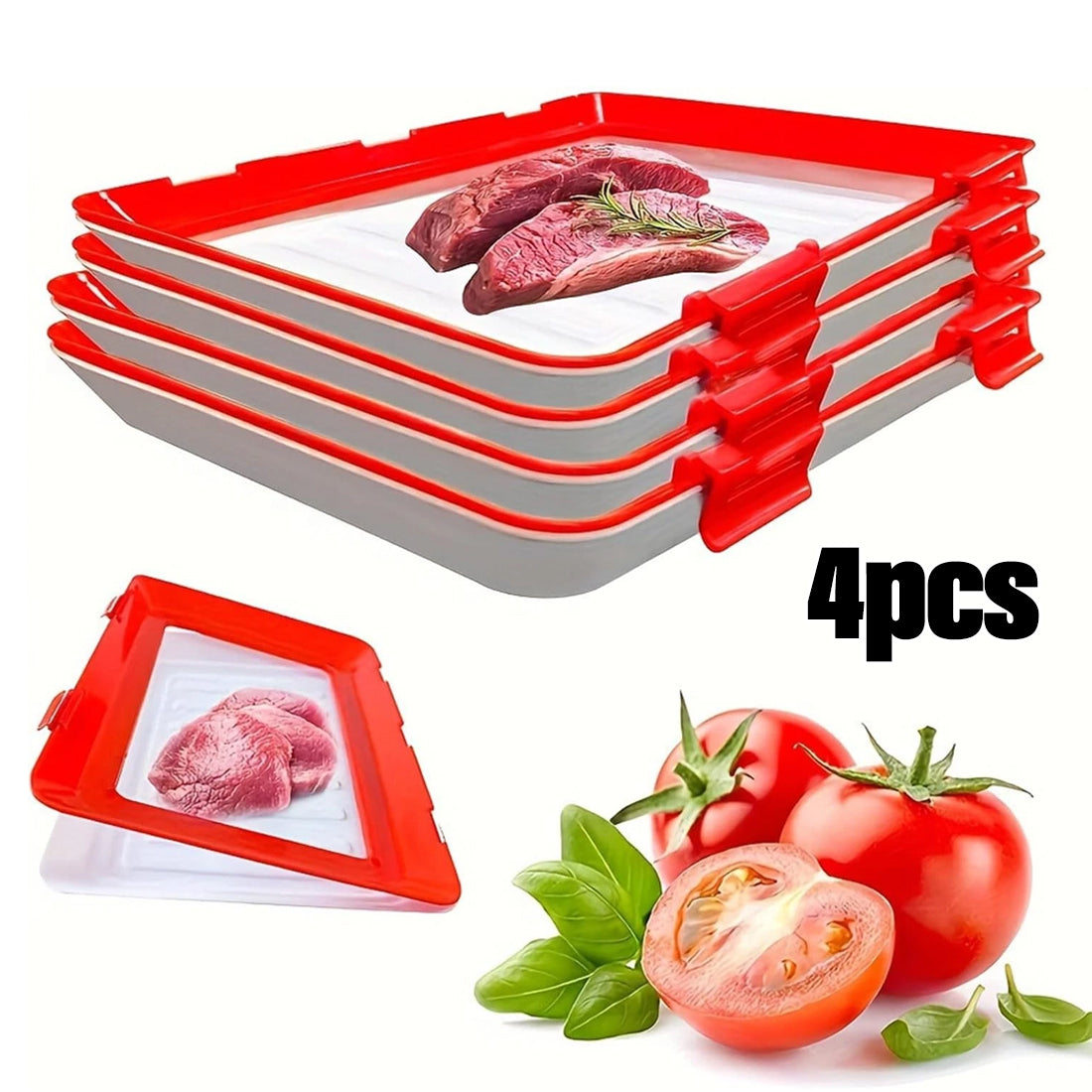 4Pc Stretch Fresh Storage Tray Vacuum Reusable And Stackable Food Storage Tray UK New