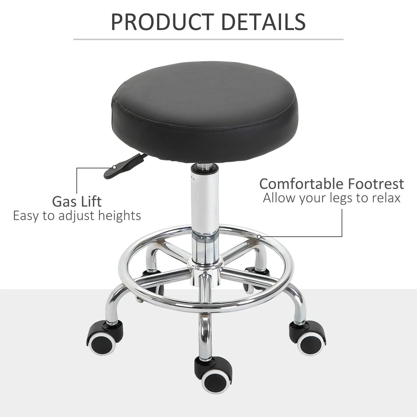 Height Adjustable Swivel Rolling Stool | PU Leather Office Chair Seat | Lumu UK