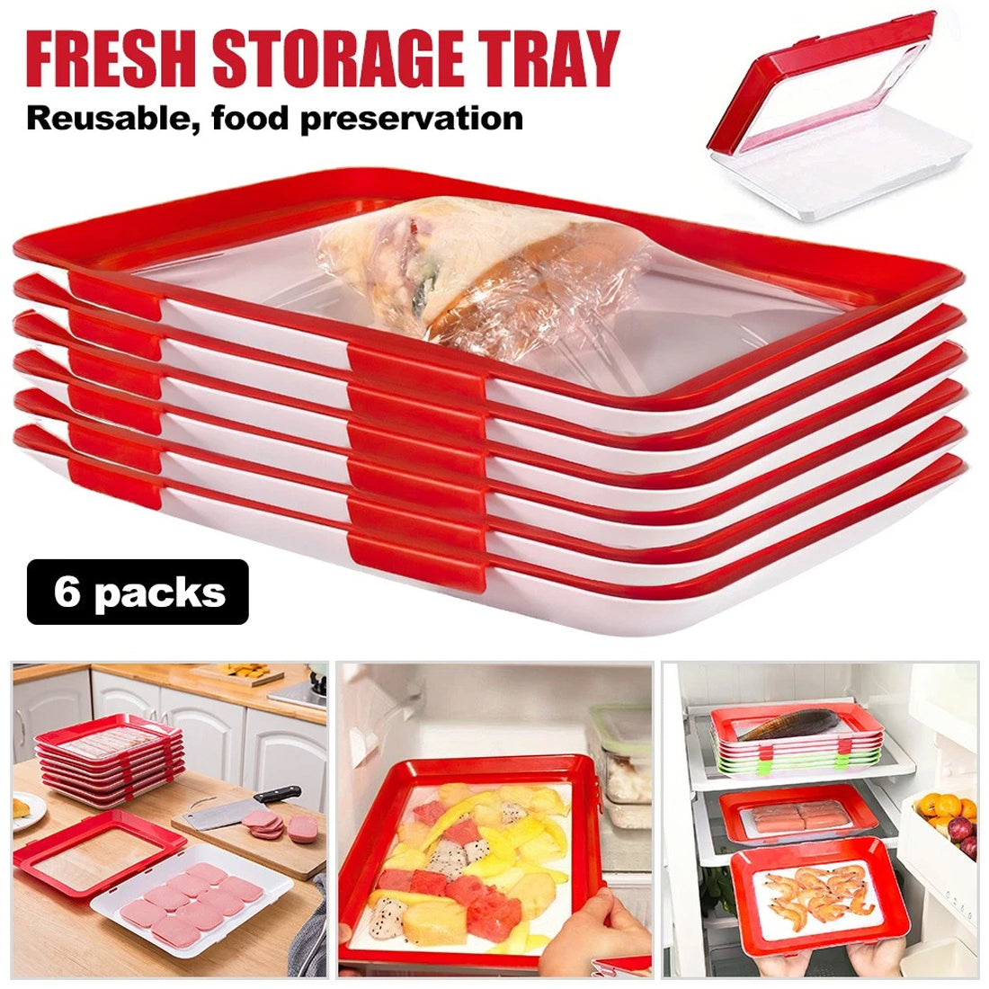 4Pc Stretch Fresh Storage Tray Vacuum Reusable And Stackable Food Storage Tray UK New